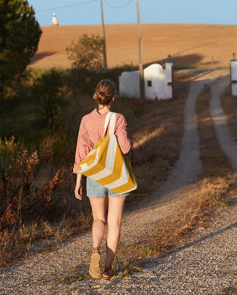 Cabas De Plage - Éponge - Rayures Jaune Gold / Crème