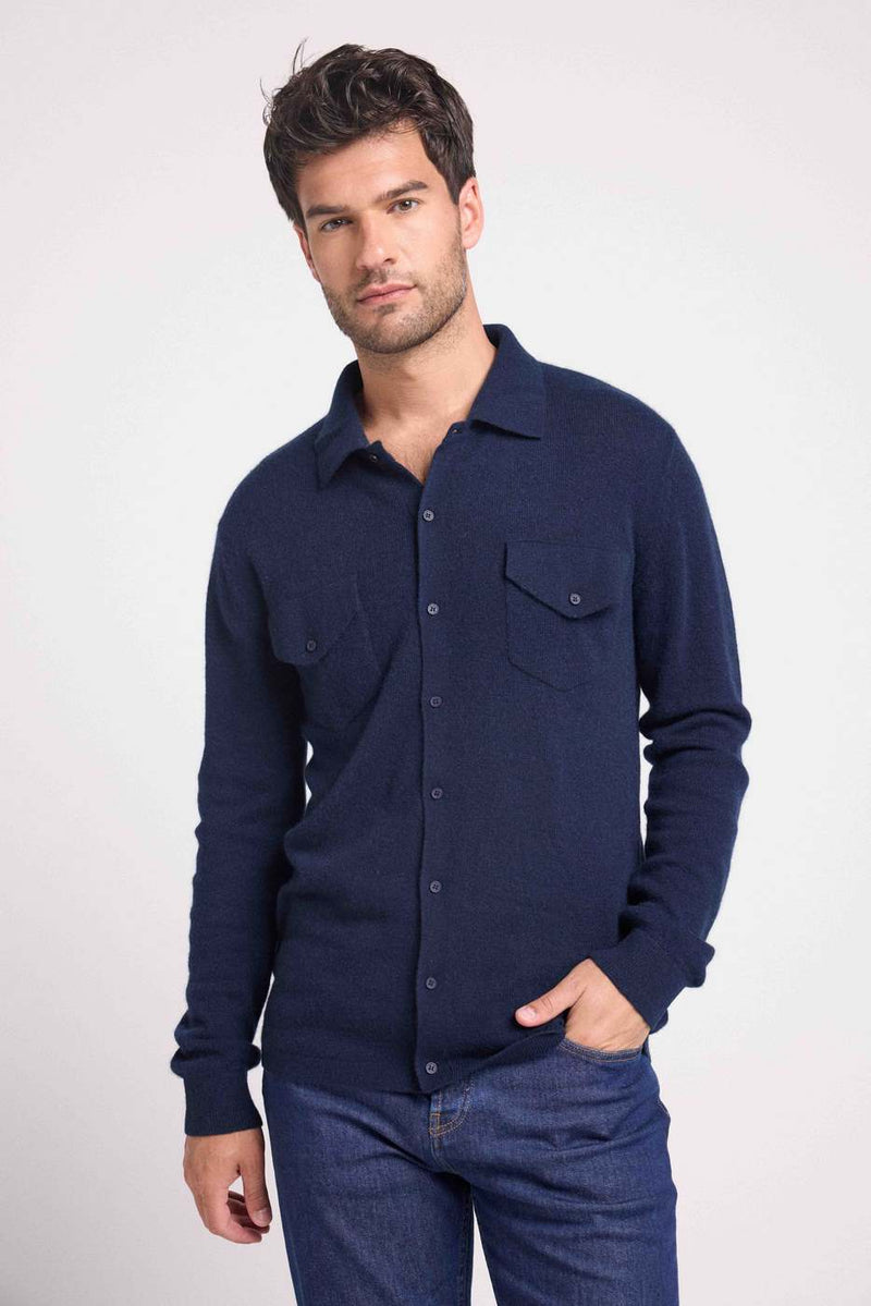 Chemise Boutonnee Sacha - Bleu Marine - 100% Cachemire Oeko-Tex - Homme