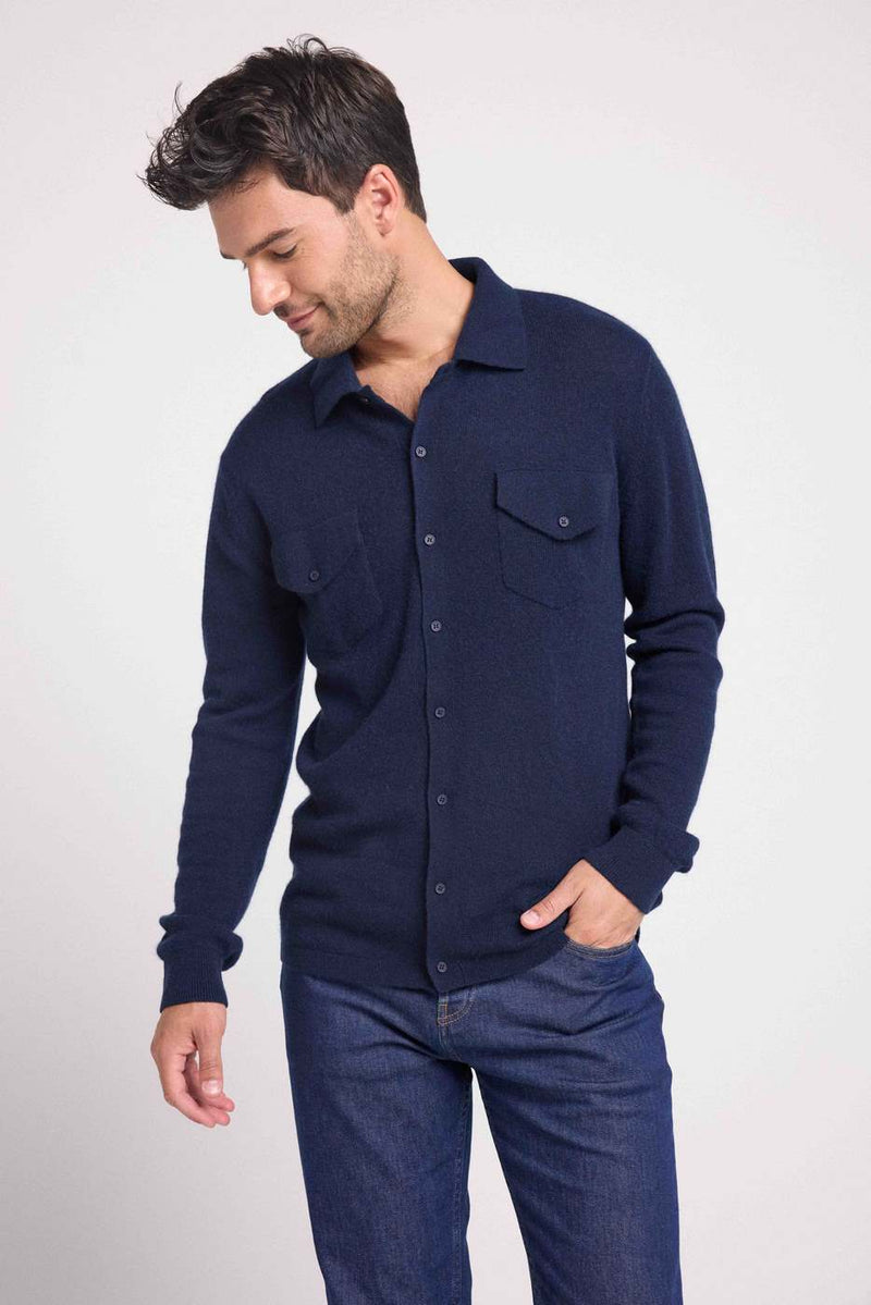 Chemise Boutonnee Sacha - Bleu Marine - 100% Cachemire Oeko-Tex - Homme