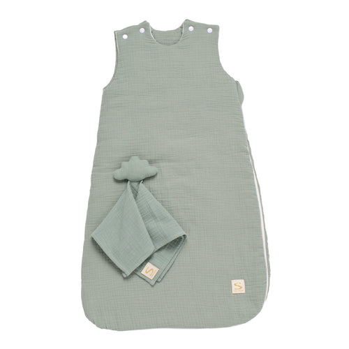 Gigoteuse Bébé Hiver En Double Gaze De Coton Et Son Doudou Mouchoir - Vert