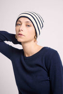 Bonnet Sailor - Blanc Et Bleu Marine - 100% Cachemire Oeko-Tex - Mixte