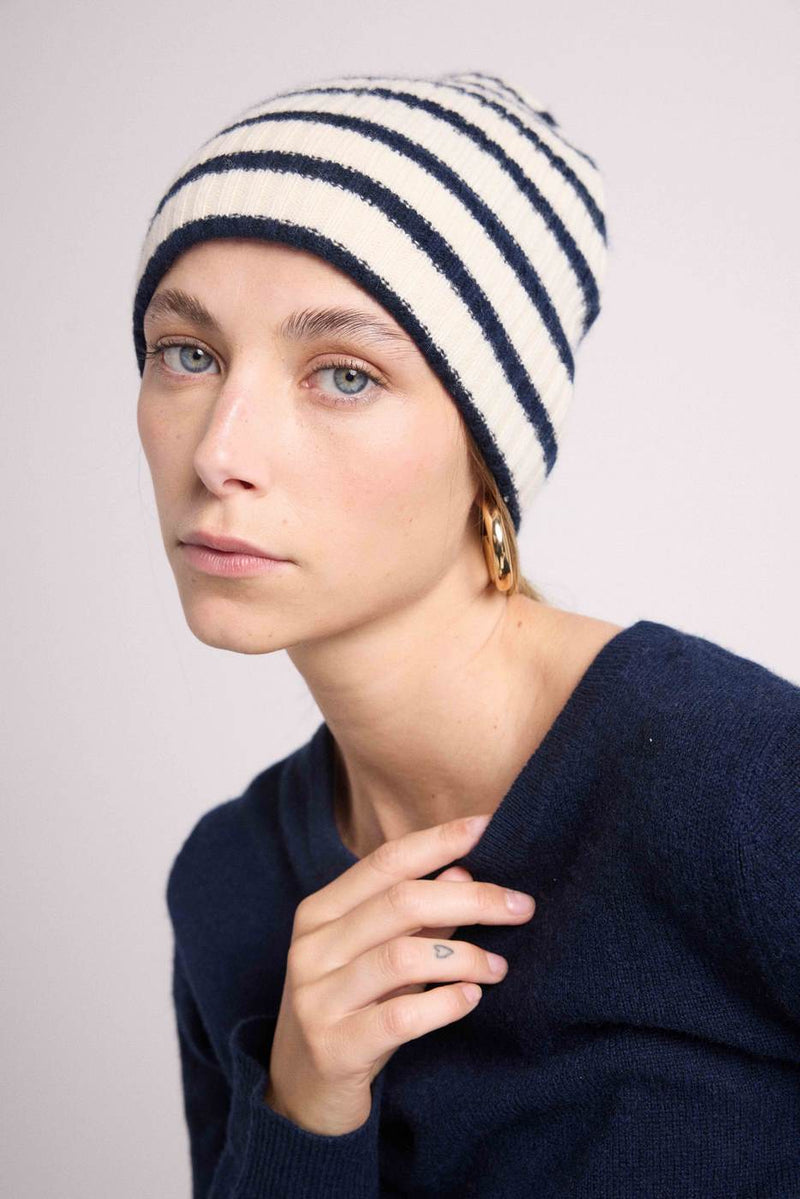 Bonnet Sailor - Blanc Et Bleu Marine - 100% Cachemire Oeko-Tex - Mixte