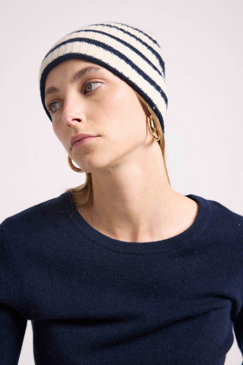 Bonnet Sailor - Blanc Et Bleu Marine - 100% Cachemire Oeko-Tex - Mixte