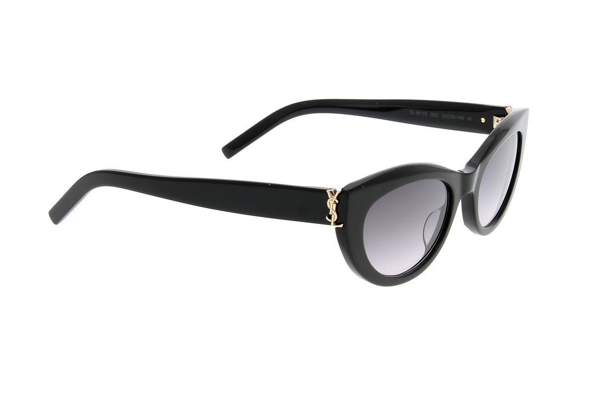 Luxury Eyewear – Solbriller - Saint Laurent, sorte solbriller, set i trekvart profil, på hvid baggrund