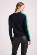 Round Neck Rainbow Stripes Salsa Sleeve Sweater - Black