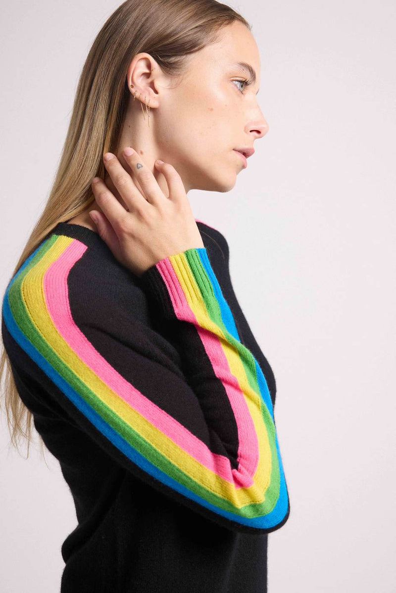 Round Neck Rainbow Stripes Salsa Sleeve Sweater - Black