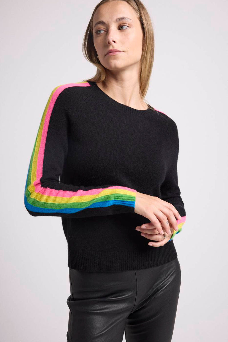 Pull Col Rond Manches Bandes Arc En Ciel Salsa - Noir - 100% Cachemire Oeko-Tex - Femme