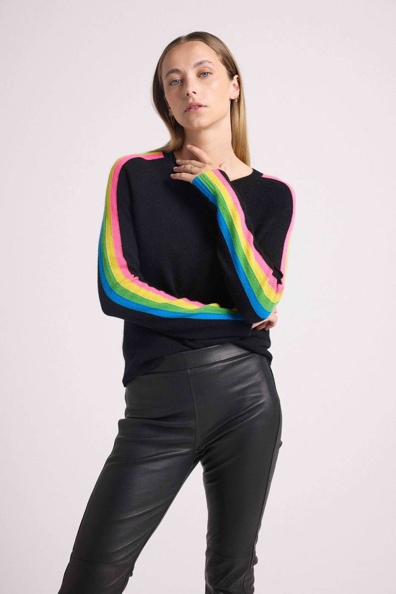 Pull Col Rond Manches Bandes Arc En Ciel Salsa - Noir - 100% Cachemire Oeko-Tex - Femme