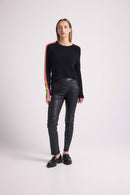 Round Neck Rainbow Stripes Salsa Sleeve Sweater - Black