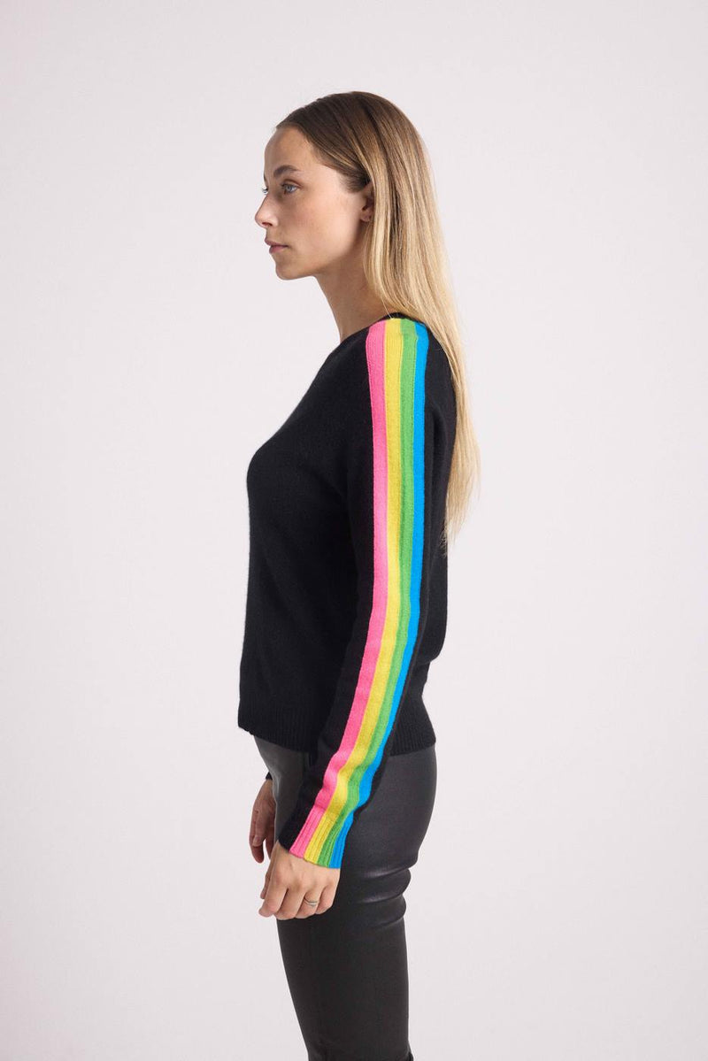 Round Neck Rainbow Stripes Salsa Sleeve Sweater - Black