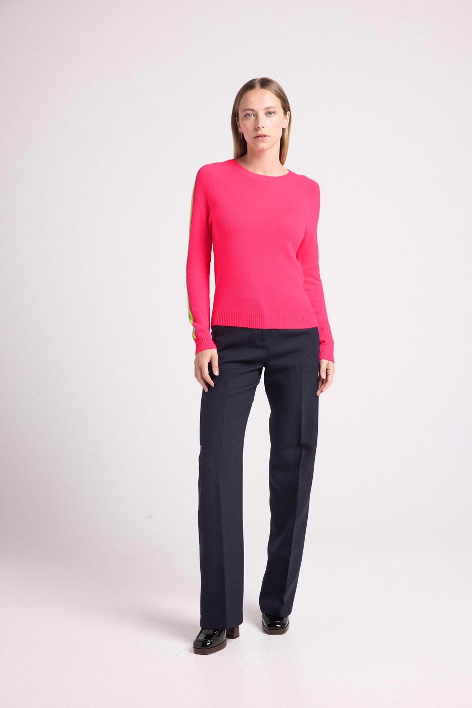 Pull Col Rond Bandes Arc En Ciel Manches Salsa - Rose Fluo