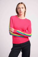 Pull Col Rond Manches Bandes Arc En Ciel Salsa - Rose Fluo - 100% Cachemire Oeko-Tex - Femme