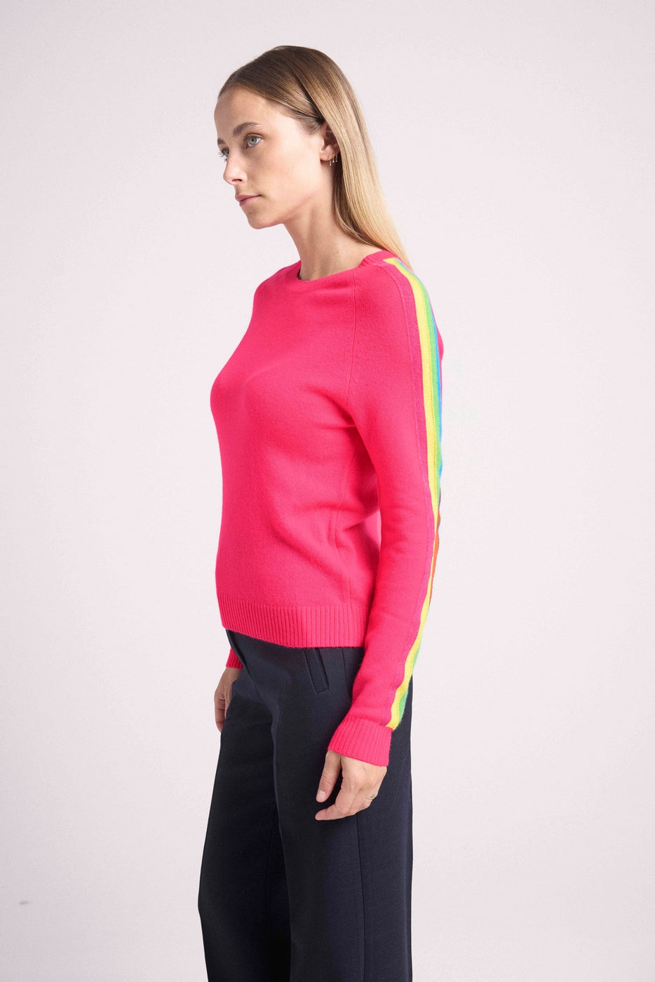 Pull Col Rond Bandes Arc En Ciel Manches Salsa - Rose Fluo