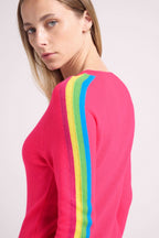 Pull Col Rond Bandes Arc En Ciel Manches Salsa - Rose Fluo