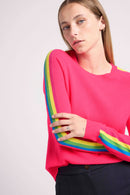 Pull Col Rond Bandes Arc En Ciel Manches Salsa - Rose Fluo
