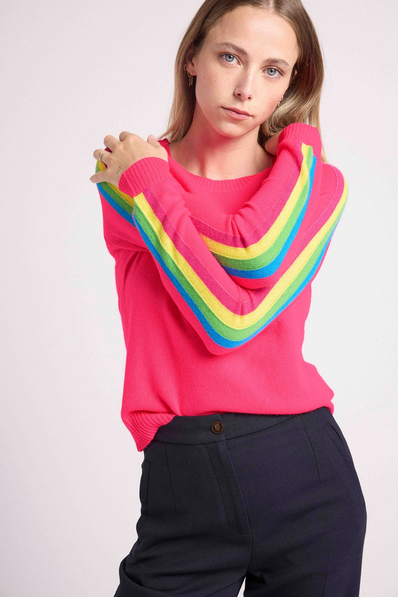 Pull Col Rond Manches Bandes Arc En Ciel Salsa - Rose Fluo - 100% Cachemire Oeko-Tex - Femme