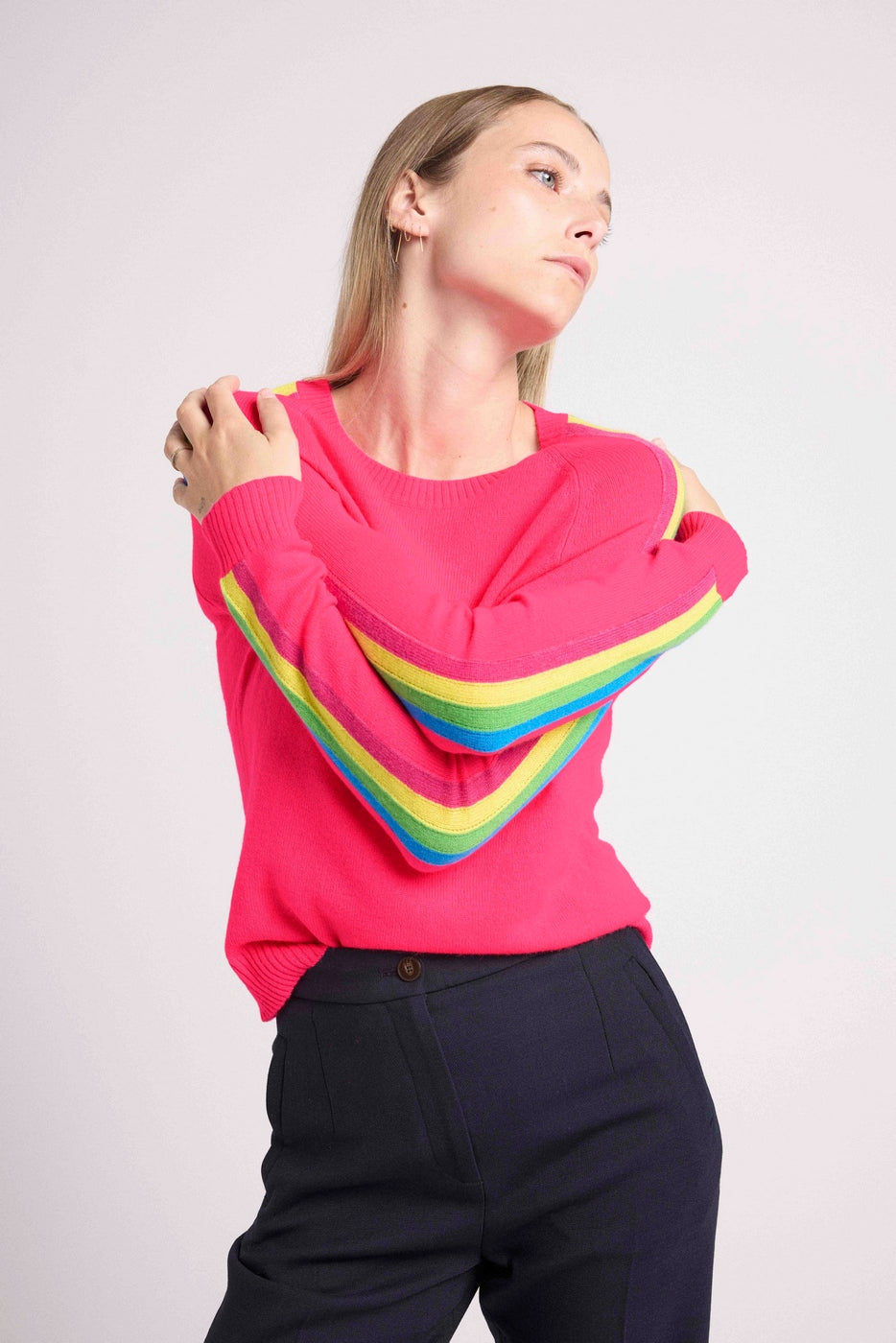 Pull Col Rond Bandes Arc En Ciel Manches Salsa - Rose Fluo