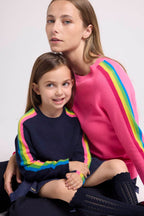 Pull Col Rond Bandes Arc En Ciel Manches Salsa - Rose Fluo