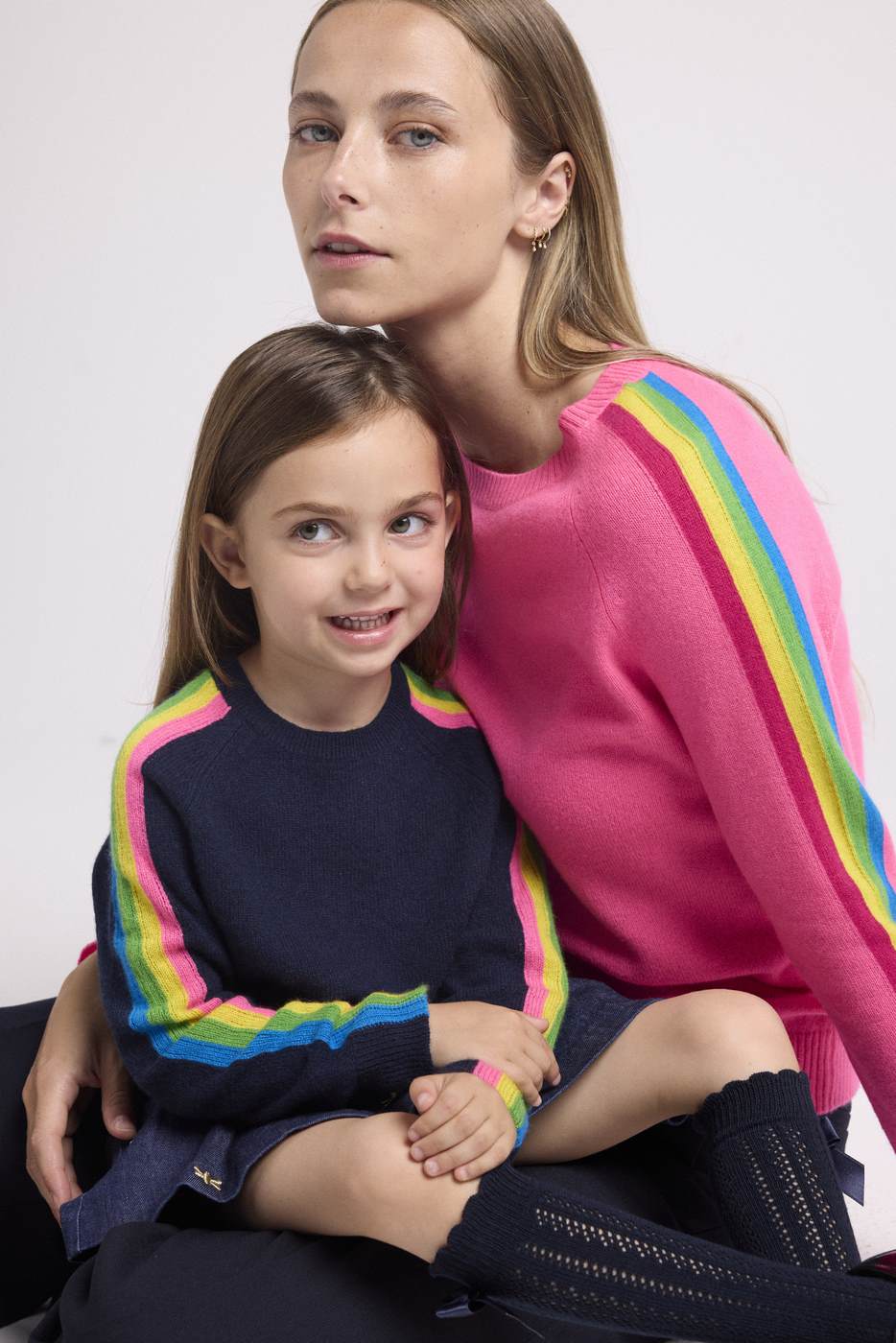 Pull Col Rond Bandes Arc En Ciel Manches Salsa - Rose Fluo