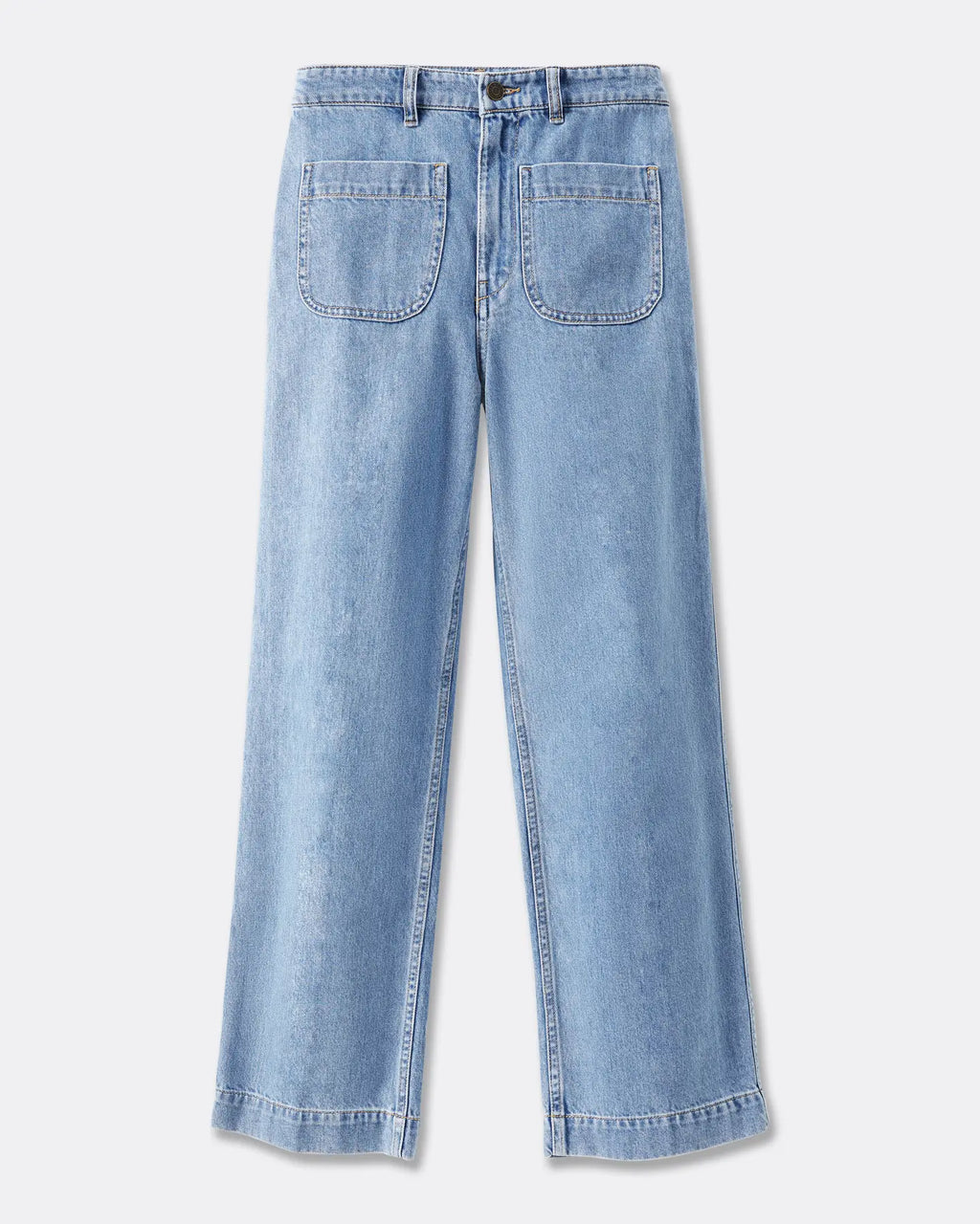 Jean femme en denim léger bleu clair, coupe droite et ample, tissu 100 % coton offrant confort et style décontracté, adapté à toutes les morphologies.