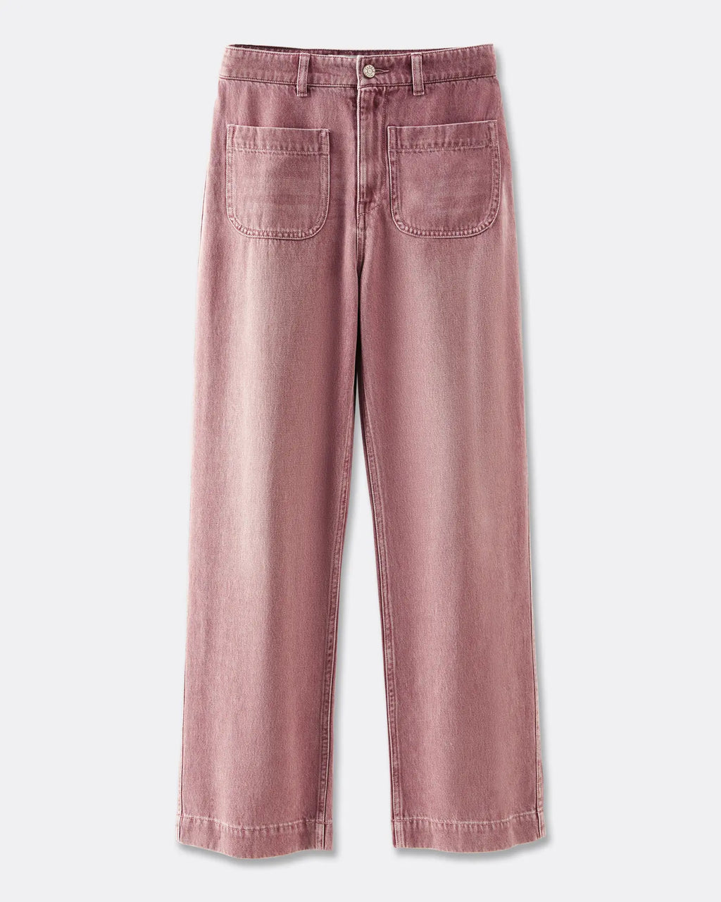 Jean en denim 100 % coton couleur quartz avec coupe droite, taille haute et poches plaquées à l'avant, idéal pour femme avec silhouette adaptable.
