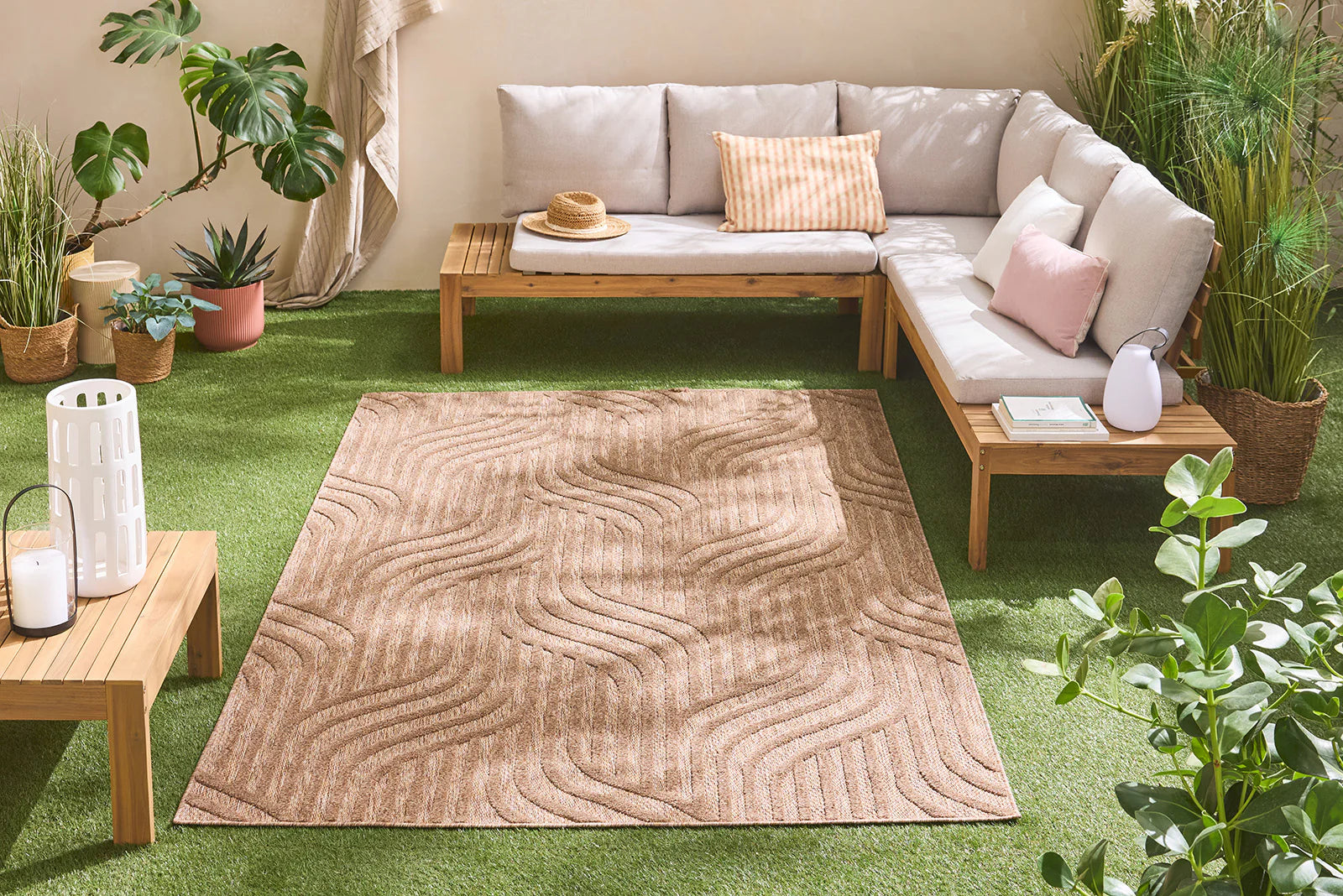 Alfombra Santorini 989 - Estampado gráfico - Beige - Interior / Exterior