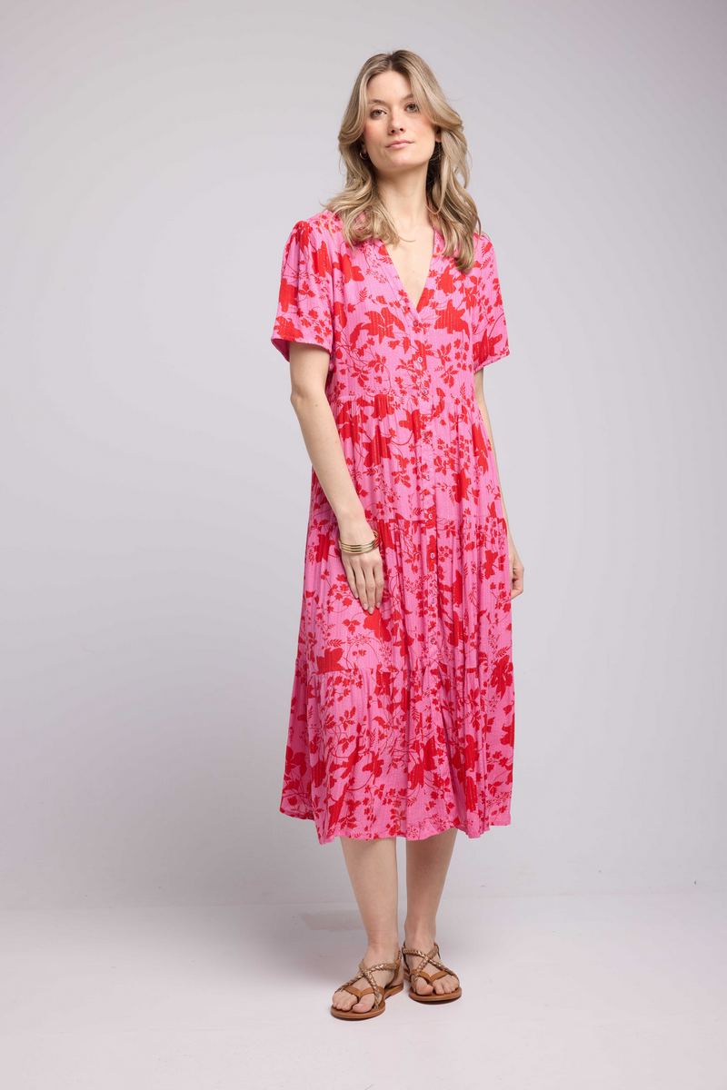 Short Sleeve Midi Dress - Rose Red
