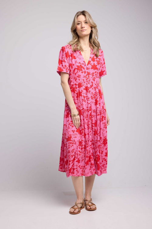 Robe Midi Manches Courtes - Rose Rouge
