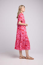 Short Sleeve Midi Dress - Rose Red