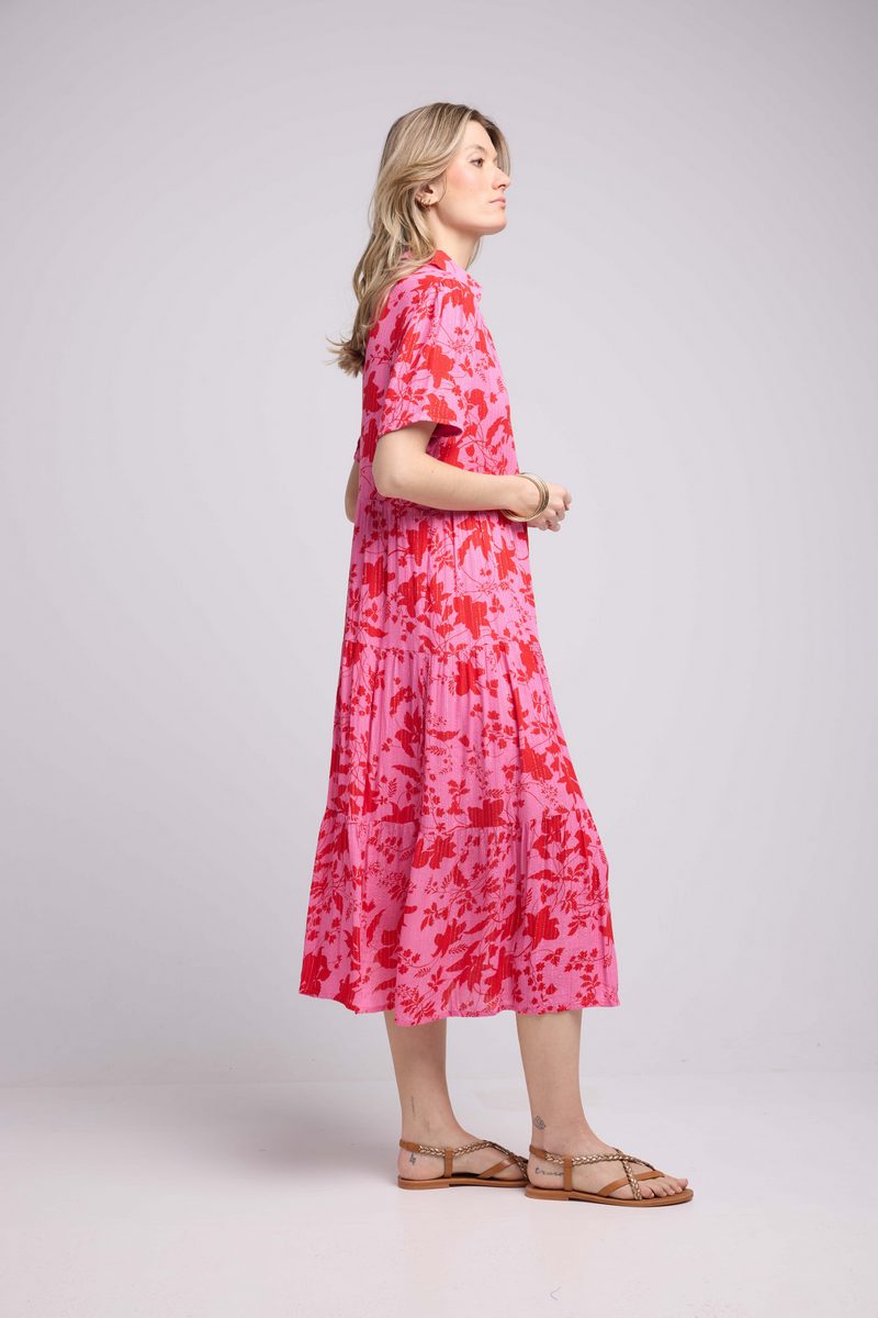Short Sleeve Midi Dress - Rose Red