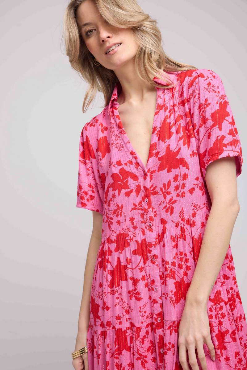 Short Sleeve Midi Dress - Rose Red