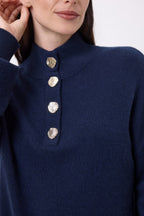 Pull Col Montant Manches Ballons Boutons Dorés Sandy - Bleu Marine - Femme