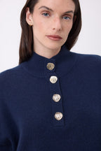 Pull Col Montant Manches Ballons Boutons Dorés Sandy - Bleu Marine - Femme