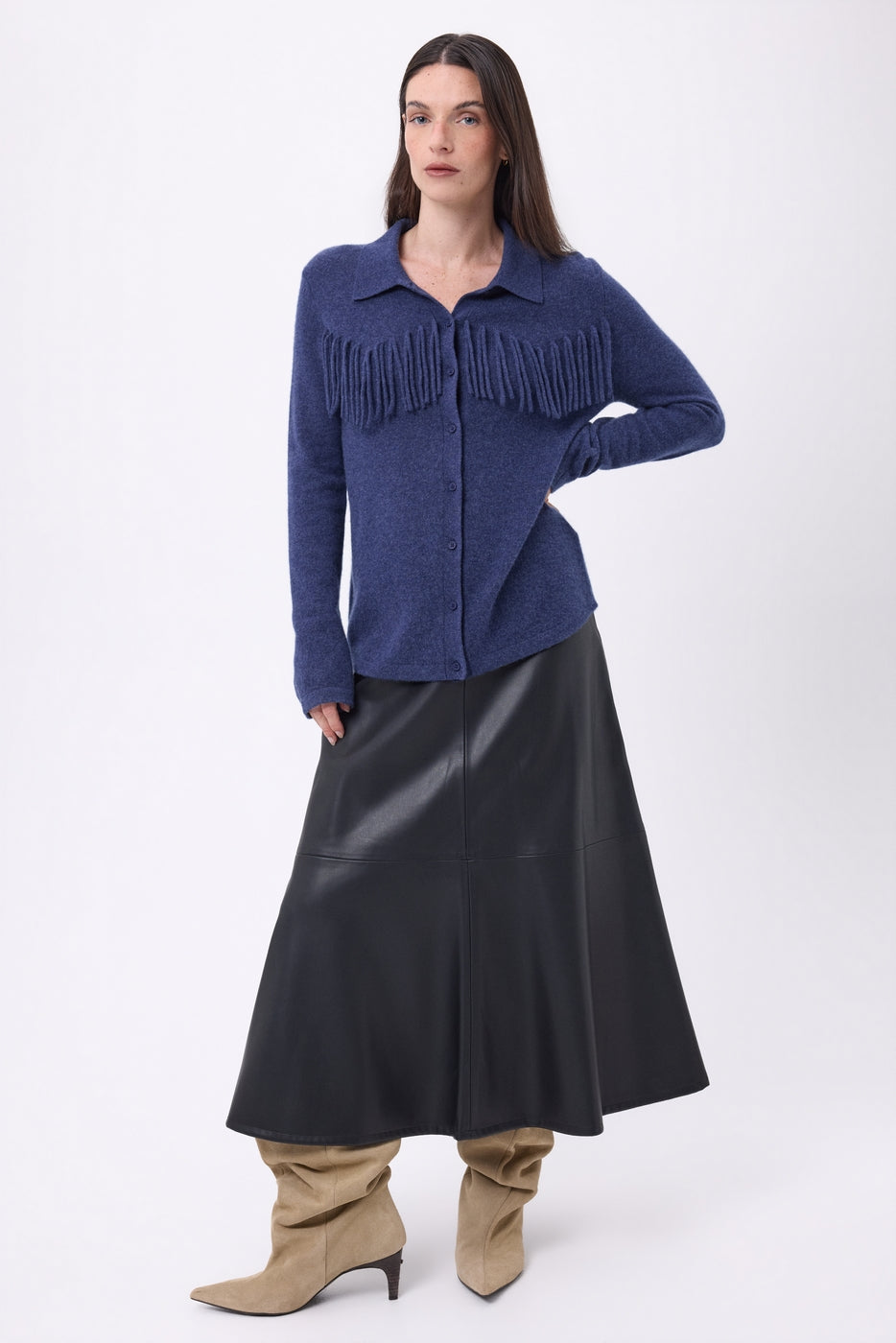 Santa Front-Fringed Shirt - Indigo Blue - Women