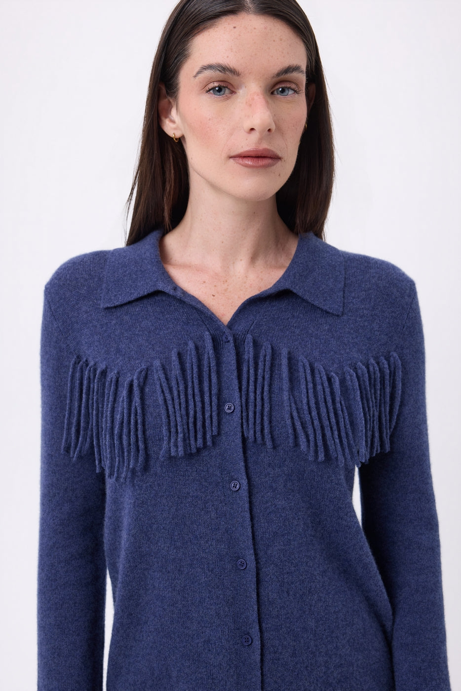 Santa Front-Fringed Shirt - Indigo Blue - Women