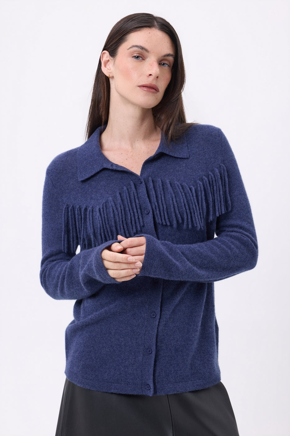 Santa Front-Fringed Shirt - Indigo Blue - Women