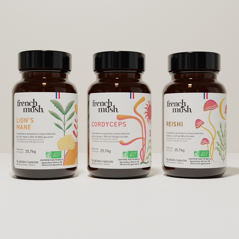 French Mush compléments alimentaires à base d'extraits de champignons médicinaux biologiques fabriqués en France Le pack Santé Mentale et Énergie Gélules Bio - gélules -