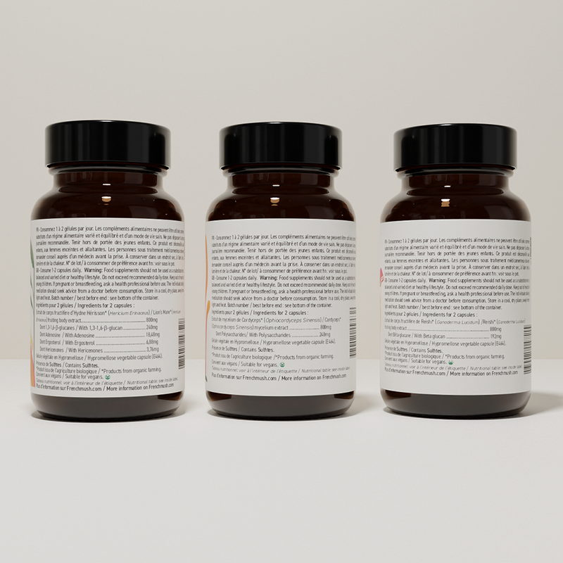 French Mush compléments alimentaires à base d'extraits de champignons médicinaux biologiques fabriqués en France Le pack Santé Mentale et Énergie Gélules Bio - gélules -