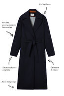 Manteau Long Ceinturé En Drap De Laine Bleu Marine