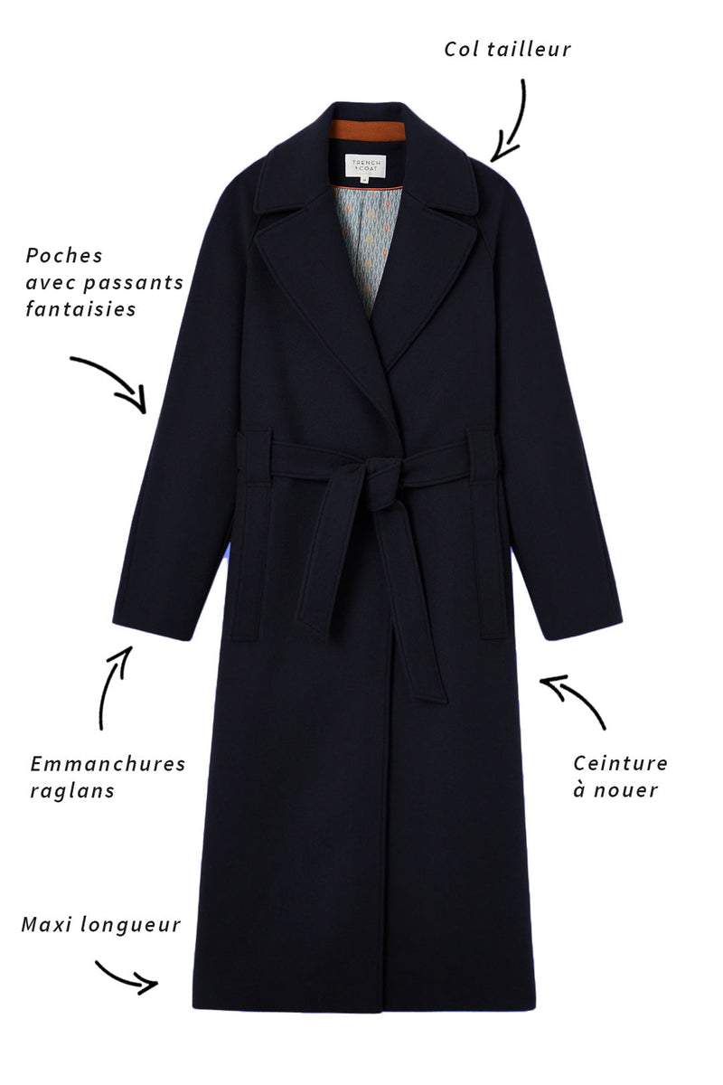 Manteau Long Ceinturé En Drap De Laine Bleu Marine