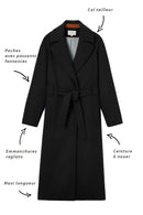 Manteau Long Ceinturé En Drap De Laine Noir