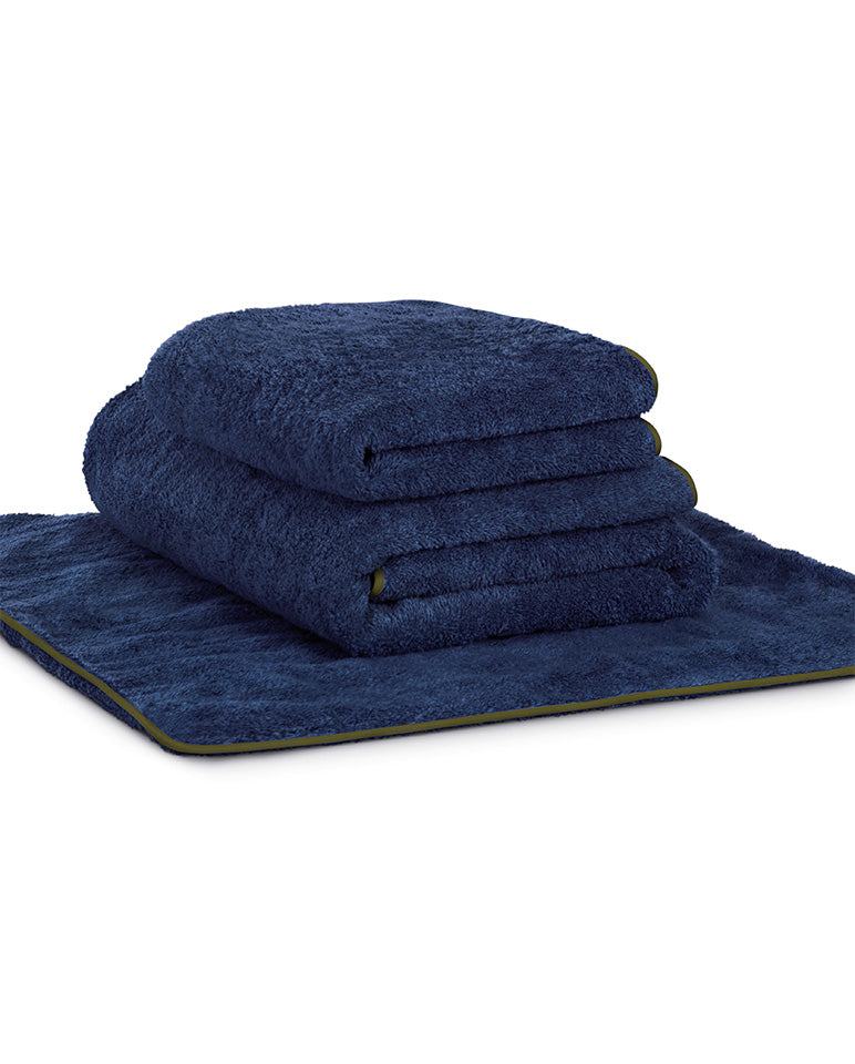 Serviette bain - Bleu Nuit liseré Kaki