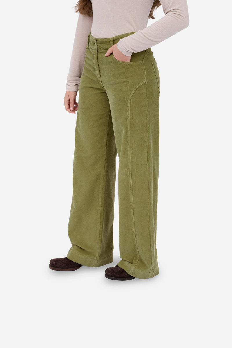 Pantalon Droit En Velours Côtelé Vert