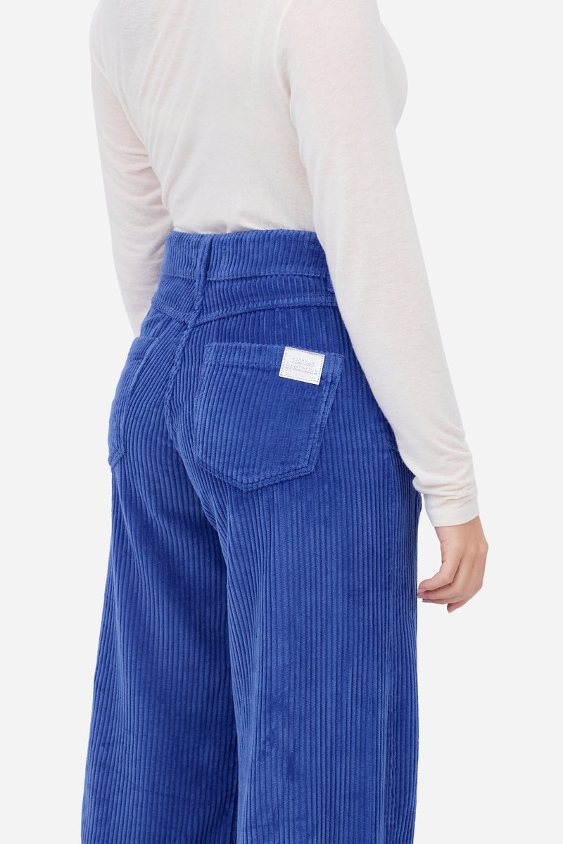 Pantalon Droit En Velours Côtelé Bleu