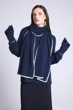 Stola Tørklæde Med Stikninger Scarf - Marineblå Hvid - Unisex - 100% Kashmir
