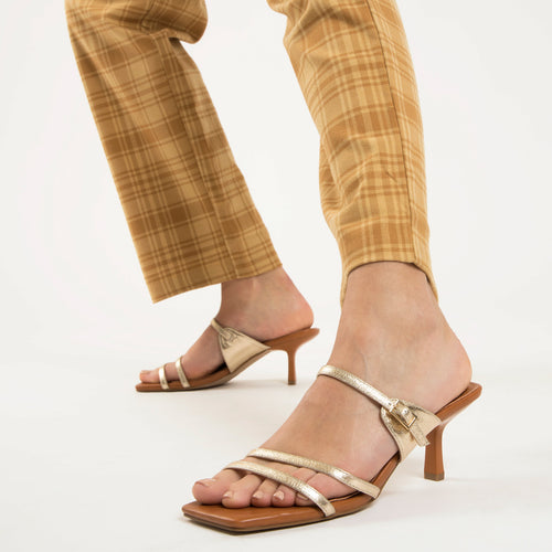 sandals camel with thin golden straps, square toe and kitten heel Woman Vanessa Wu