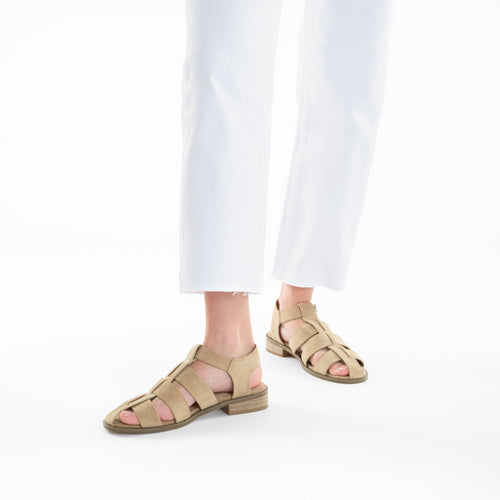Flat beige suedette sandals Woman with small heel Vanessa Wu