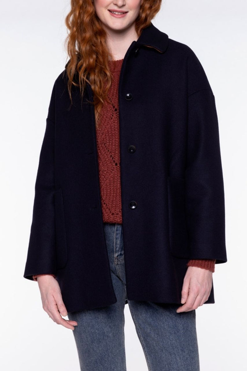 Manteau Court En Drap De Laine Bleu Marine