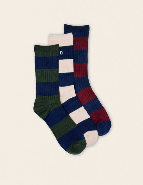 Pack De 3 Chaussettes - Côtelé Rayures Bleu Vert Écru Bordeaux