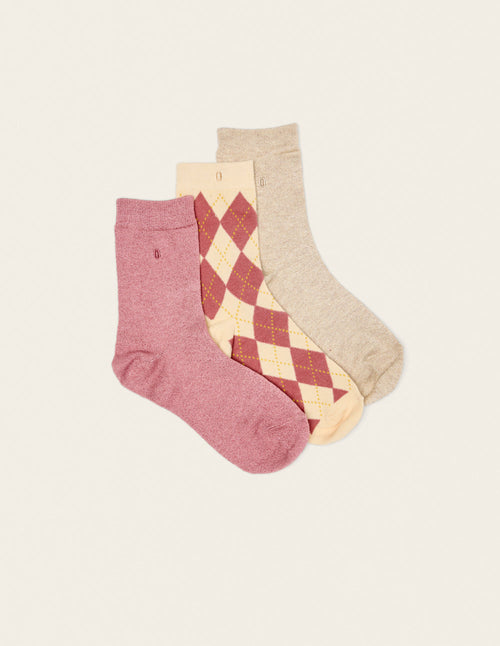 Pack De 3 Chaussettes - Fantaisie Losanges Et Paillettes Beige Rose